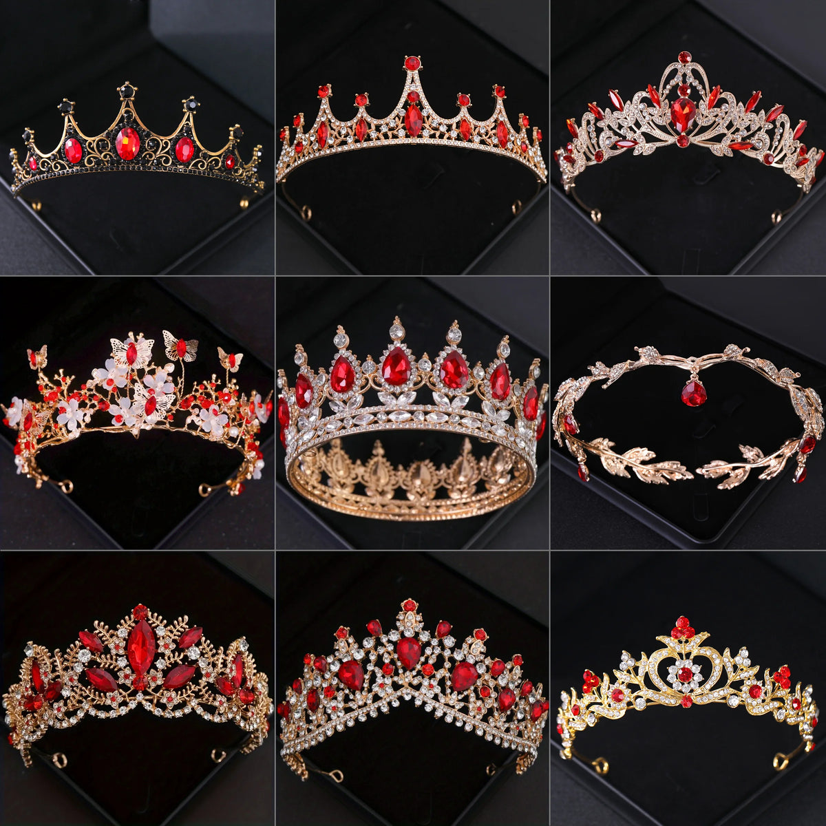 Un ensemble de diadèmes et couronnes en strass de cristal baroques, présentés sur un fond de velours noir.