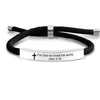 Black cord bracelet with a silver bar and the scripture quote For God so loved the world John 3:16 engraved on a white plaque