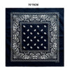 Dark blue bandana scarf with white paisley print and decorative borders