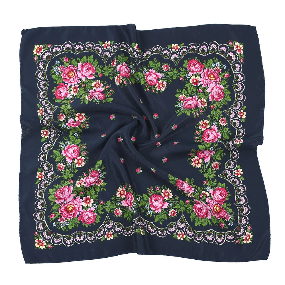 Dark blue luxury floral print square scarf featuring pink and green roses
