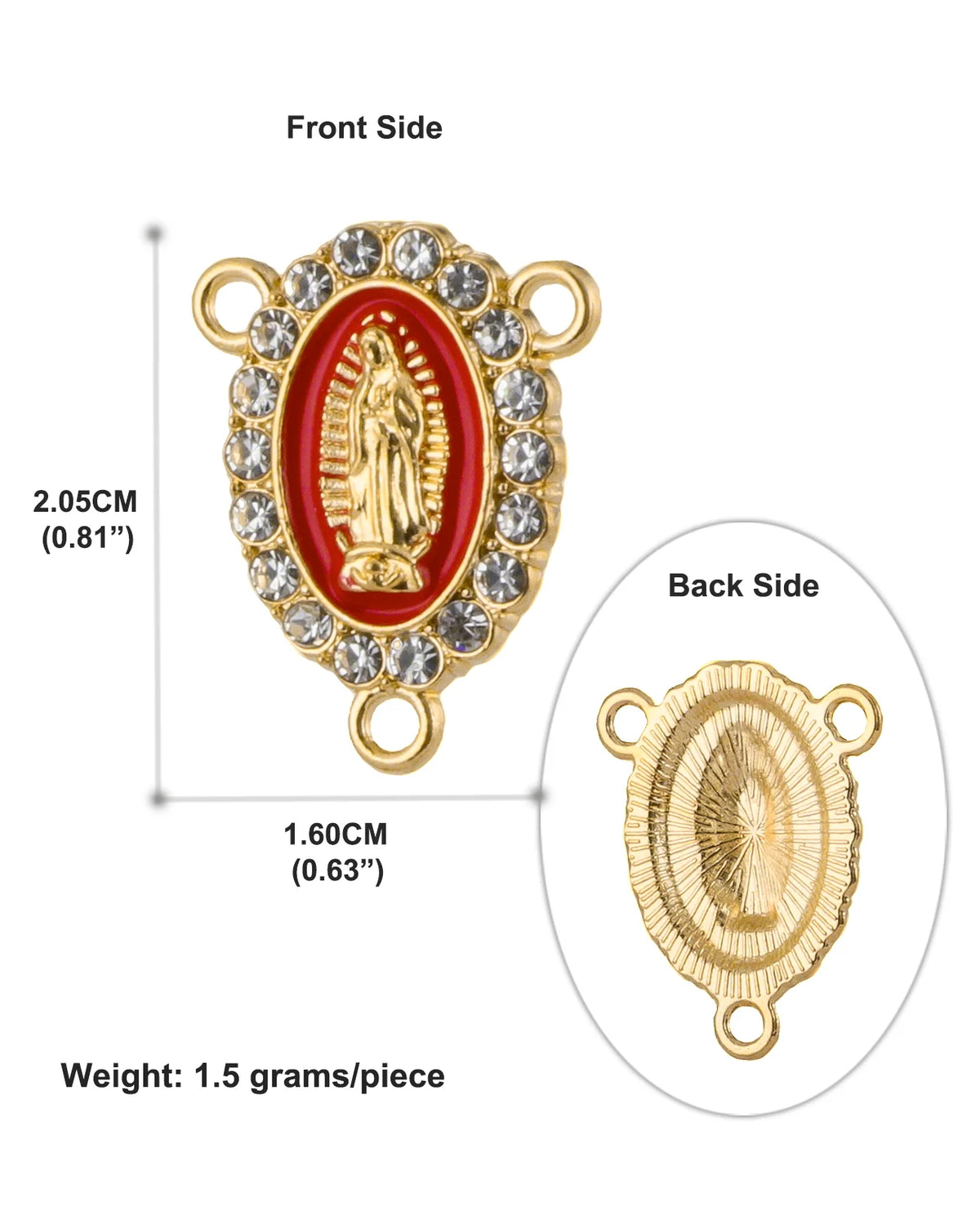 Gold-toned centerpiece connectors featuring a detailed depiction of the Virgin Mary in an oval frame.