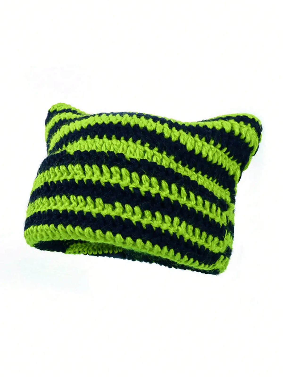 A knitted beanie hat featuring horizontal stripes of black and lime green yarn.