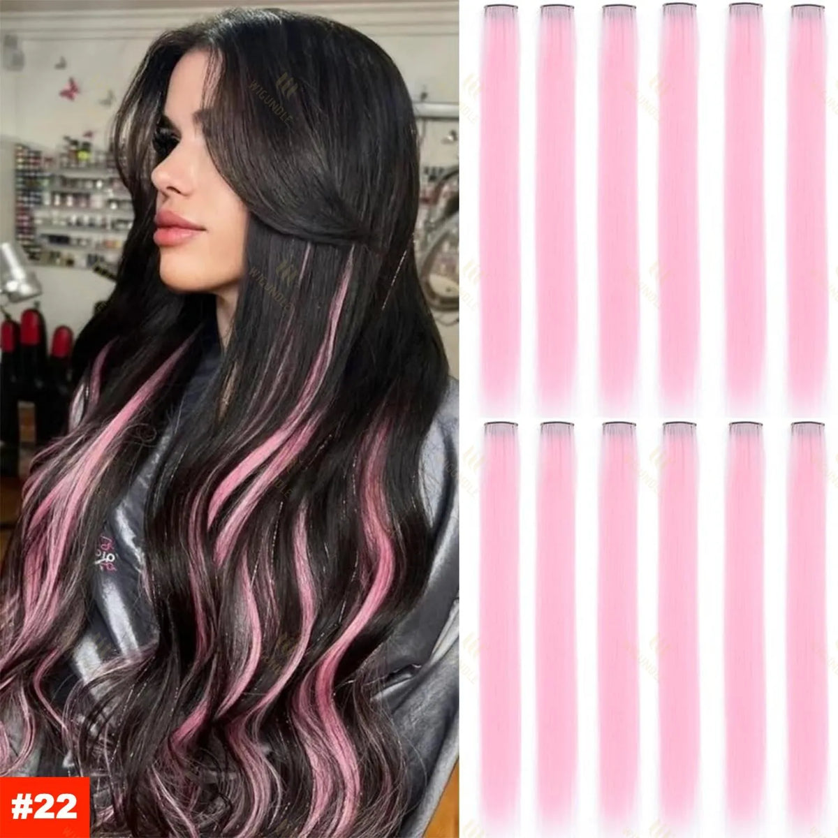 Long dark hair extensions with pink highlights and balayage, shown in a side profile.