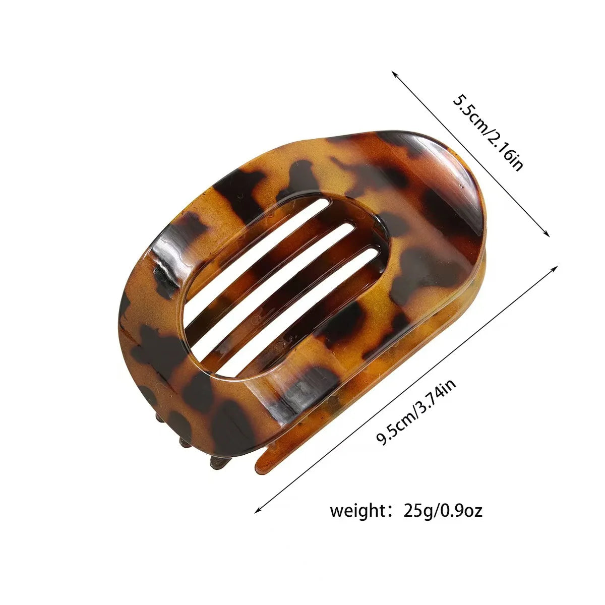 A matte leopard print oval hair claw clip with a tortoiseshell brown color.
