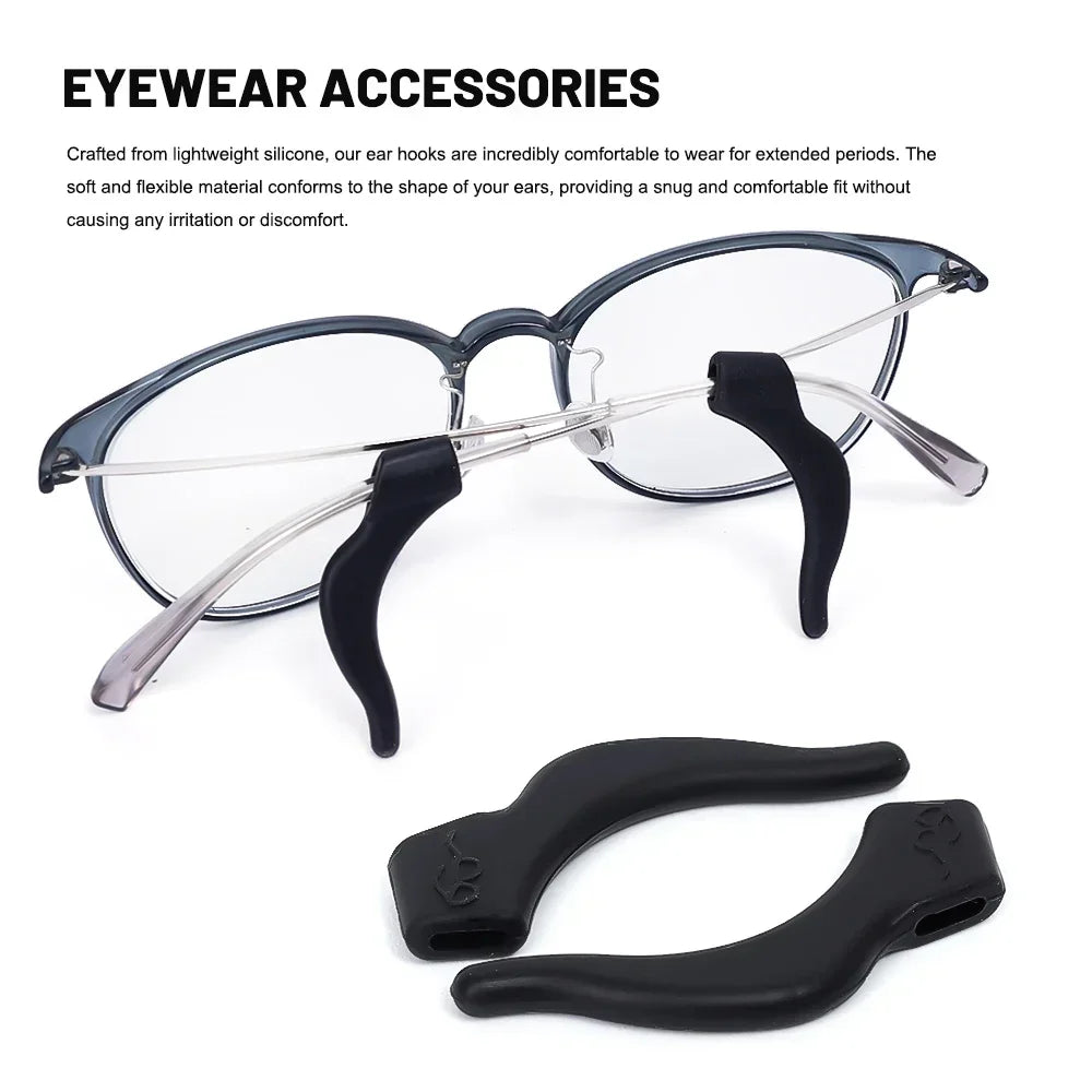 Black silicone anti-slip ear hooks designed for eyewear accessories