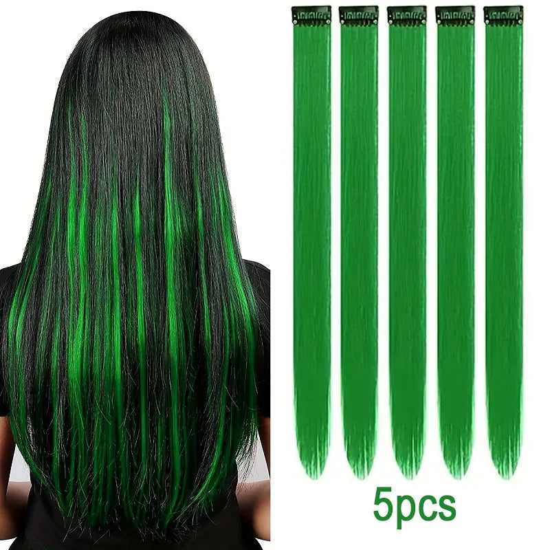 Un set de cinco extensiones de cabello liso verde de 20 pulgadas, mostradas verticalmente.