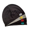 Black beanie hat with silver and red skull graphic embroidery