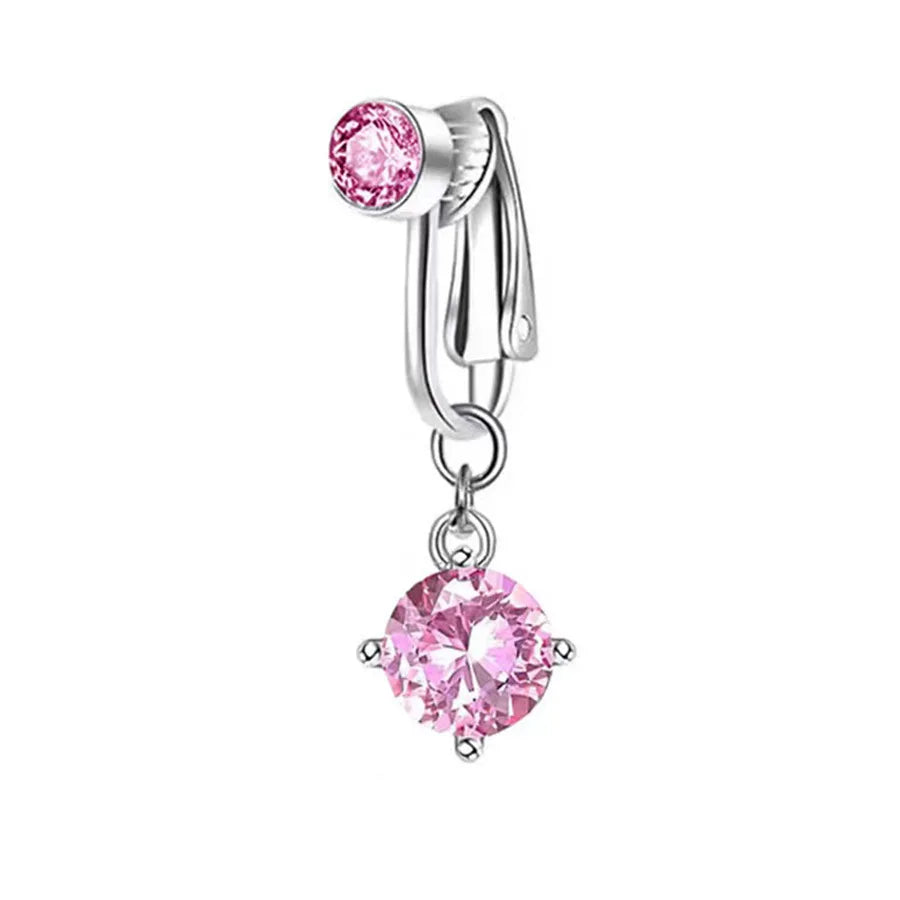 Silver fashion belly button ring with a pink gemstone and a bar connector.