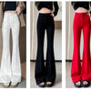 Three models display high-waist flare skinny pants in white, black, and red.