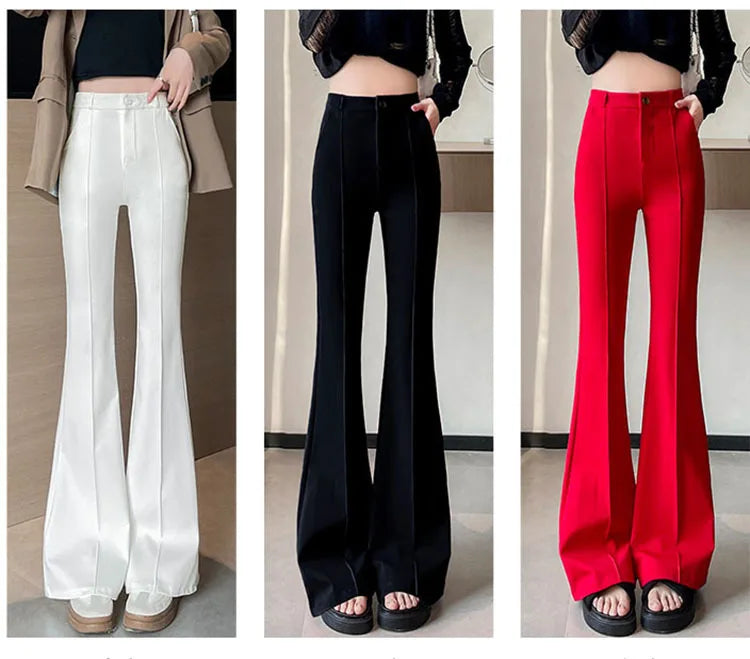 Three models display high-waist flare skinny pants in white, black, and red.