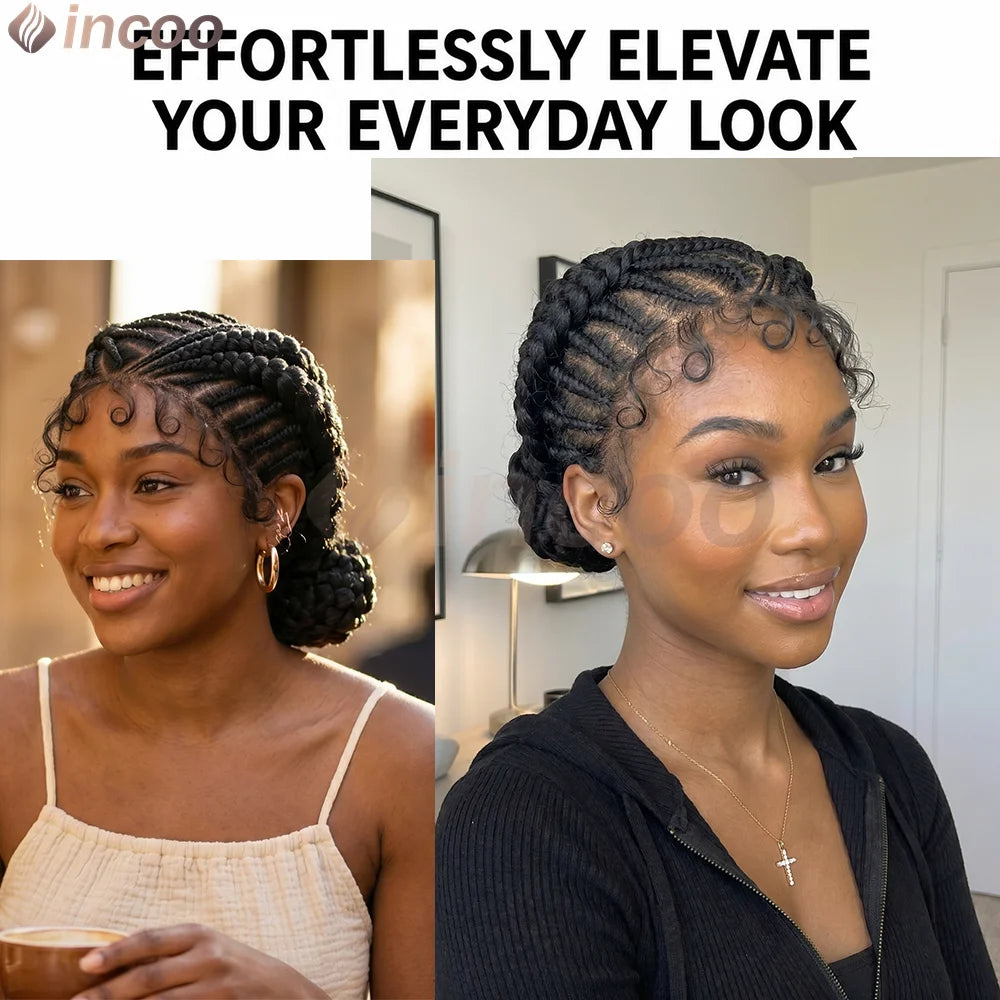 A woman shows off a braided hairstyle, featuring short cornrow braids on black hair.