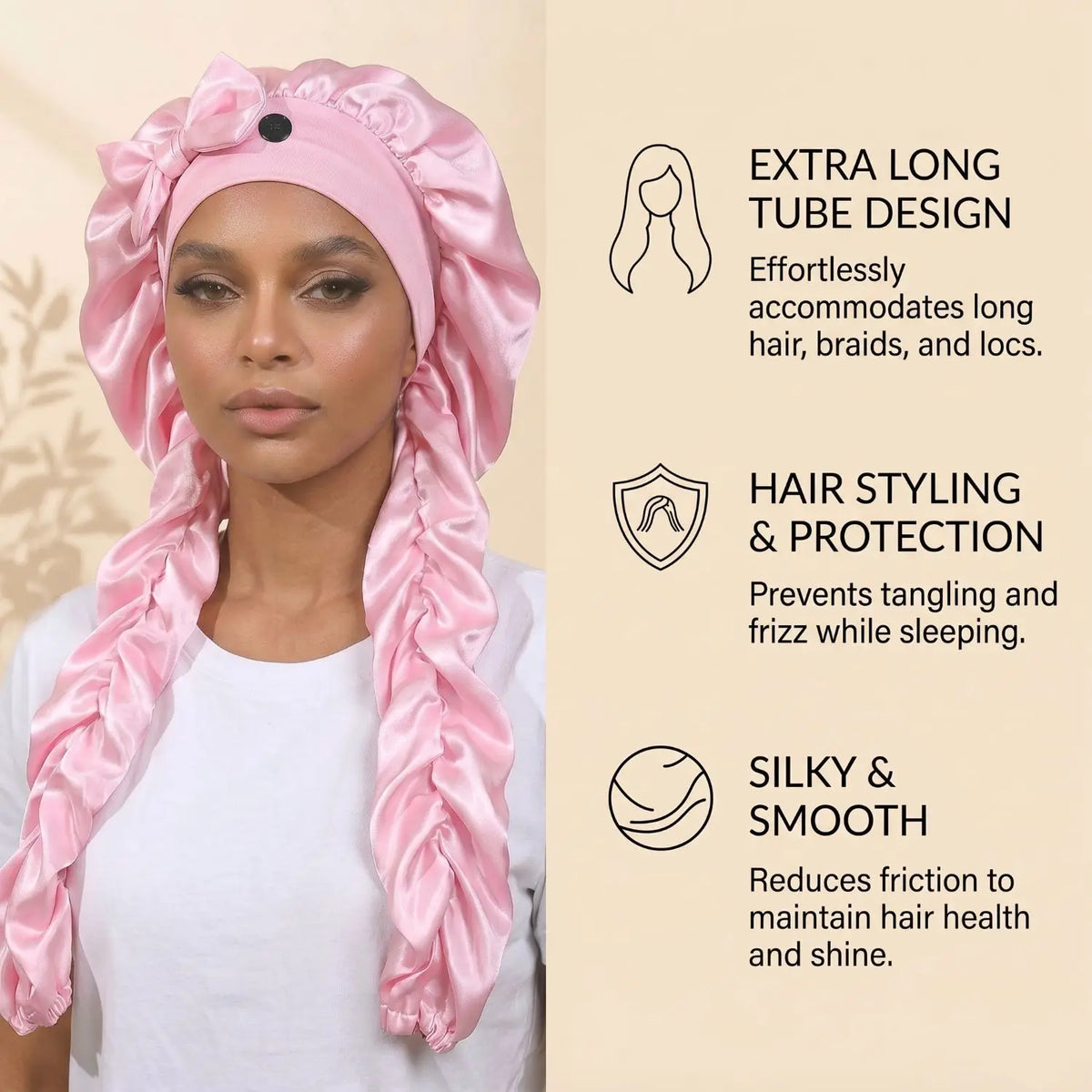 Una mujer usando un gorro de satén rosa con largas cintas rizadas, estilizado para la protección del cabello.