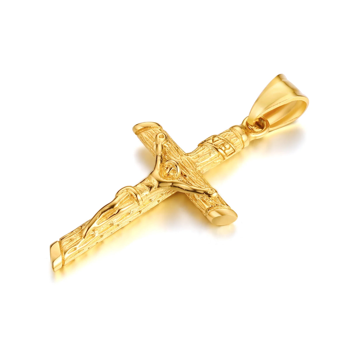 A gold-finished stainless steel cross necklace with a detailed crucifix design.