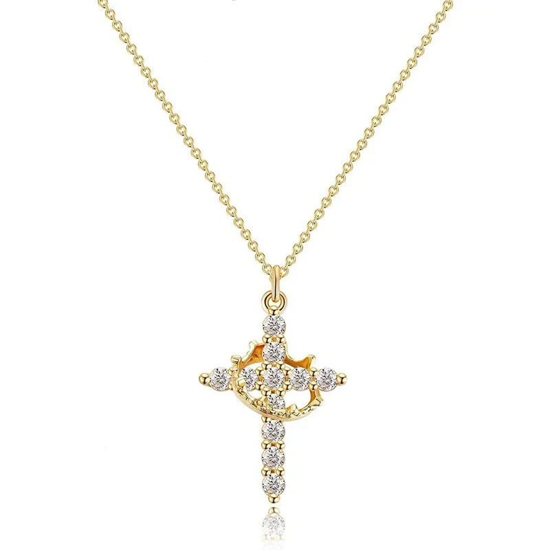 Goldfarbene Halskette und Ohrringe, Set mit rotierender Zirkonkreuz-Design