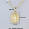 A gold-plated pendant necklace featuring a detailed Virgin Mary Christ figure on a round disc.