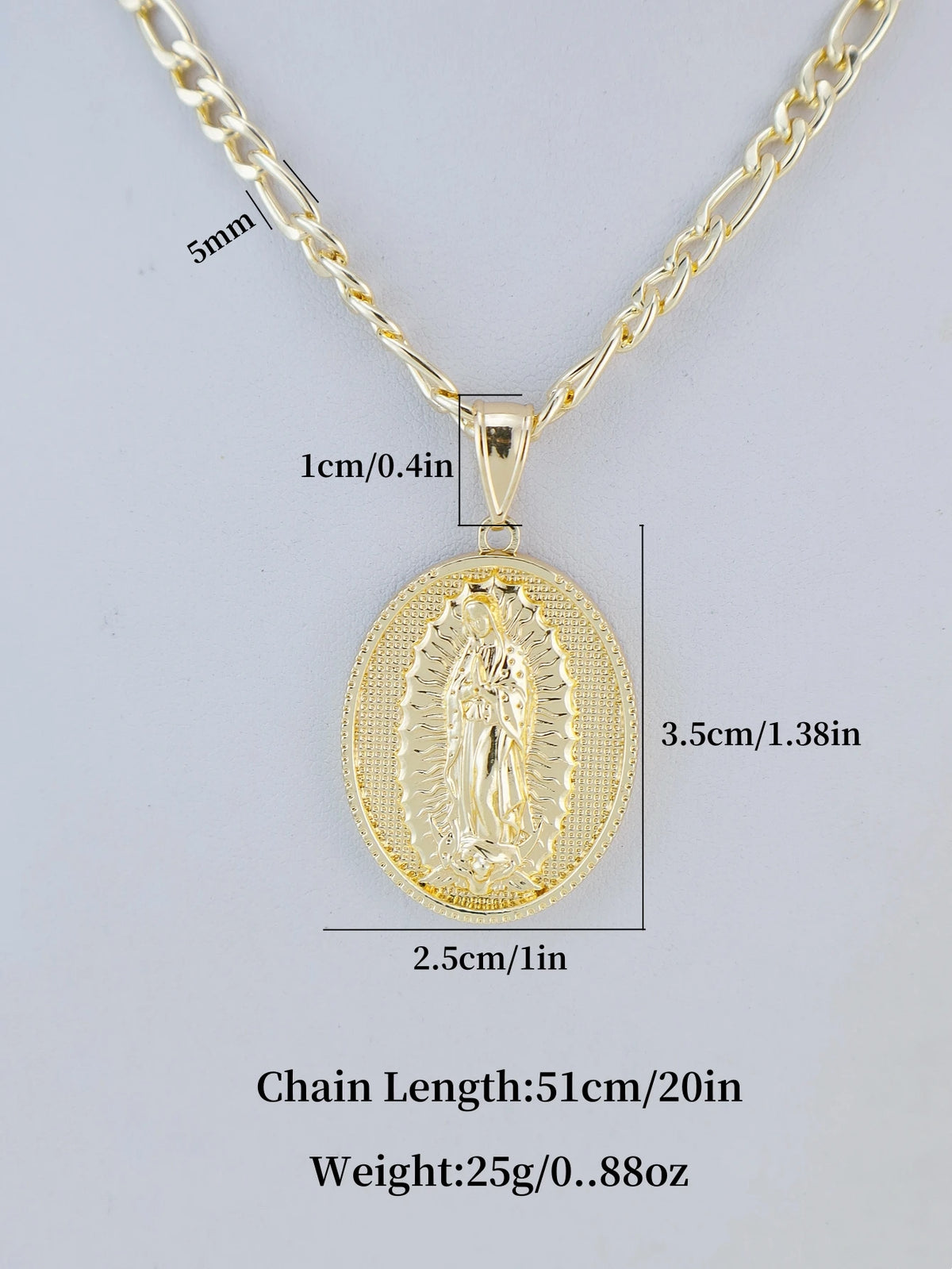 A gold-plated pendant necklace featuring a detailed Virgin Mary Christ figure on a round disc.