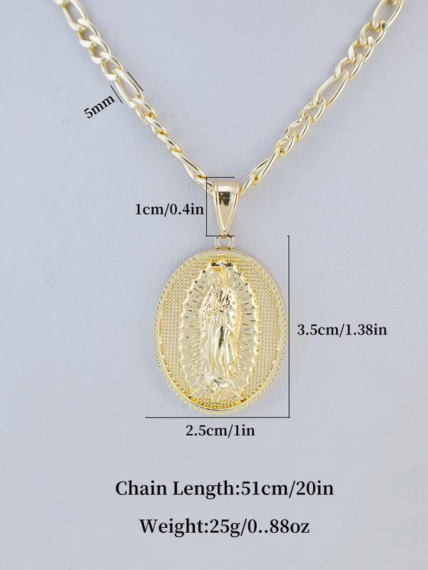 Goldplattiges Anhänger-Halskette mit detaillierter Darstellung der Jungfrau Maria als runder Scheibe.