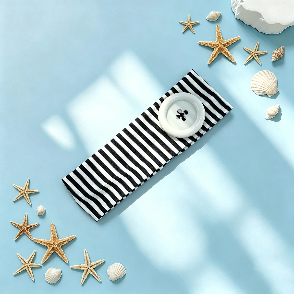 A black and white striped fabric headband with a white button is displayed on a light blue background surrounded by starfish 