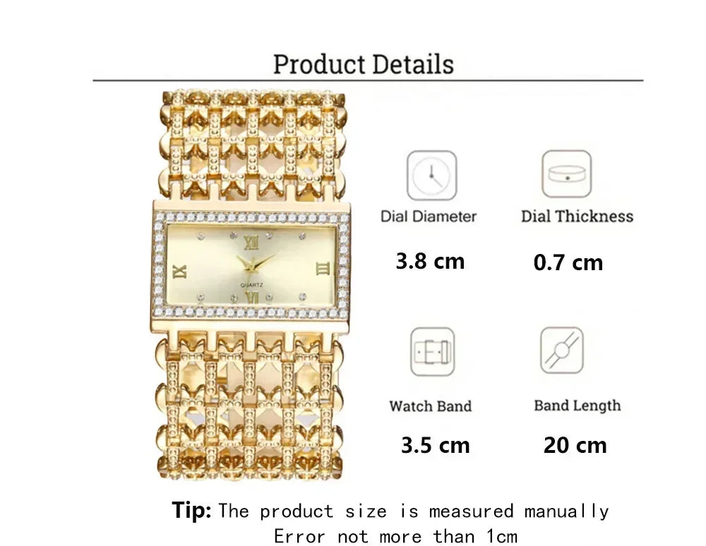 A gold-toned fashion quartz diamond watch with a stainless steel bracelet and detailed product specifications.