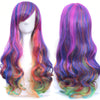 Long wavy synthetic hair wig featuring a rainbow ombre color transition from blue to pink and green.