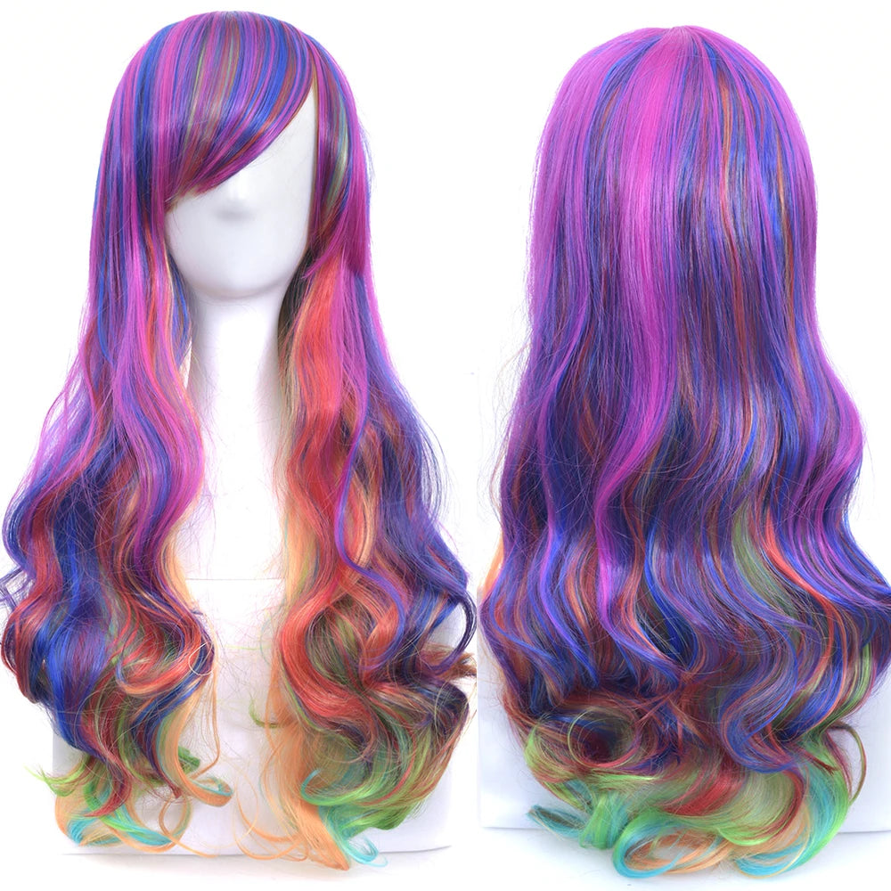 Long wavy synthetic hair wig featuring a rainbow ombre color transition from blue to pink and green.