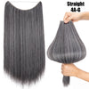 Straight 4A-G hair extensions shown as a long, dark gray hair bundle and a close-up of the hair texture.
