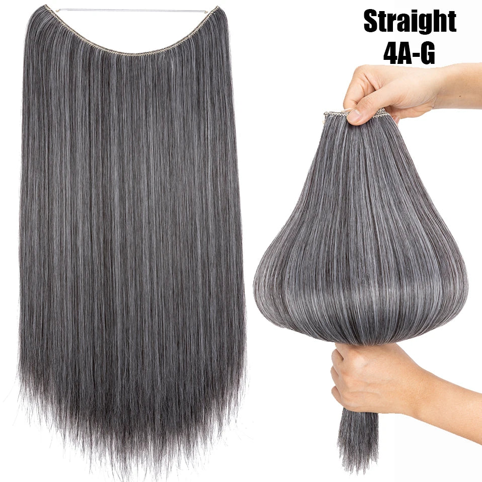 Straight 4A-G hair extensions shown as a long, dark gray hair bundle and a close-up of the hair texture.
