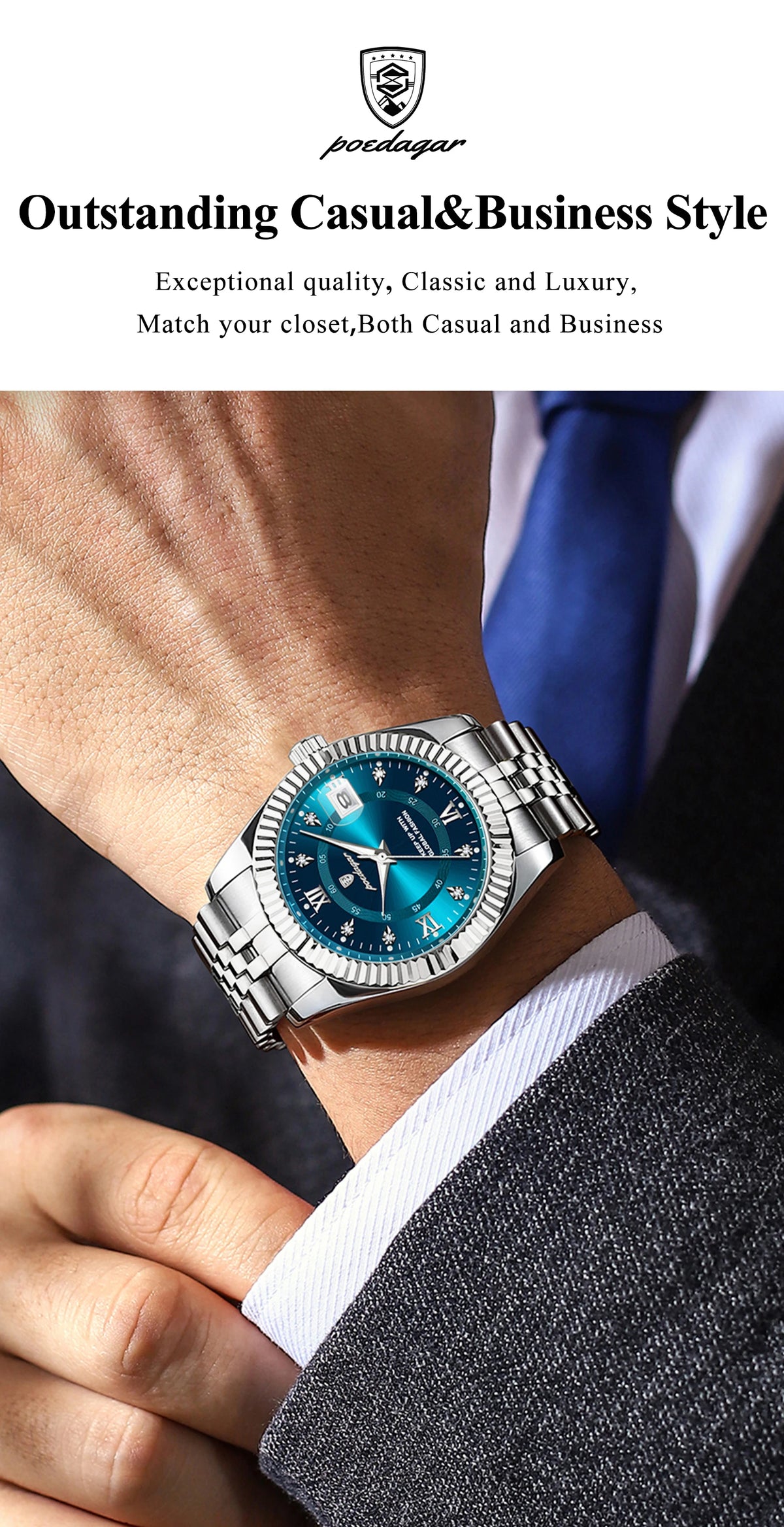 Rapproché d'une montre-bracelet en quartz luminescente en acier inoxydable avec cadran et lunette bleus, porté à côté d'un co