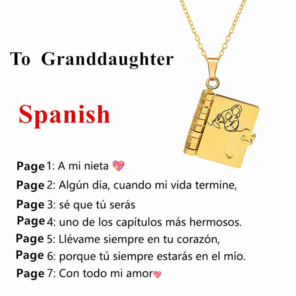 Goldene Gravur-Anhänger-Kette mit Buch-Charm und spanischer Schrift auf dem Etikett