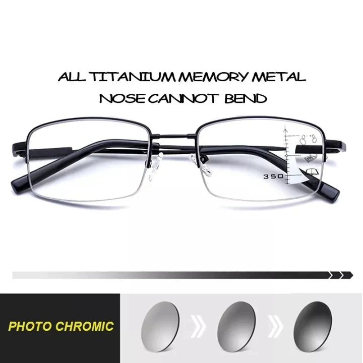 A pair of titanium memory metal progressive reading glasses with a black frame and clear lenses.