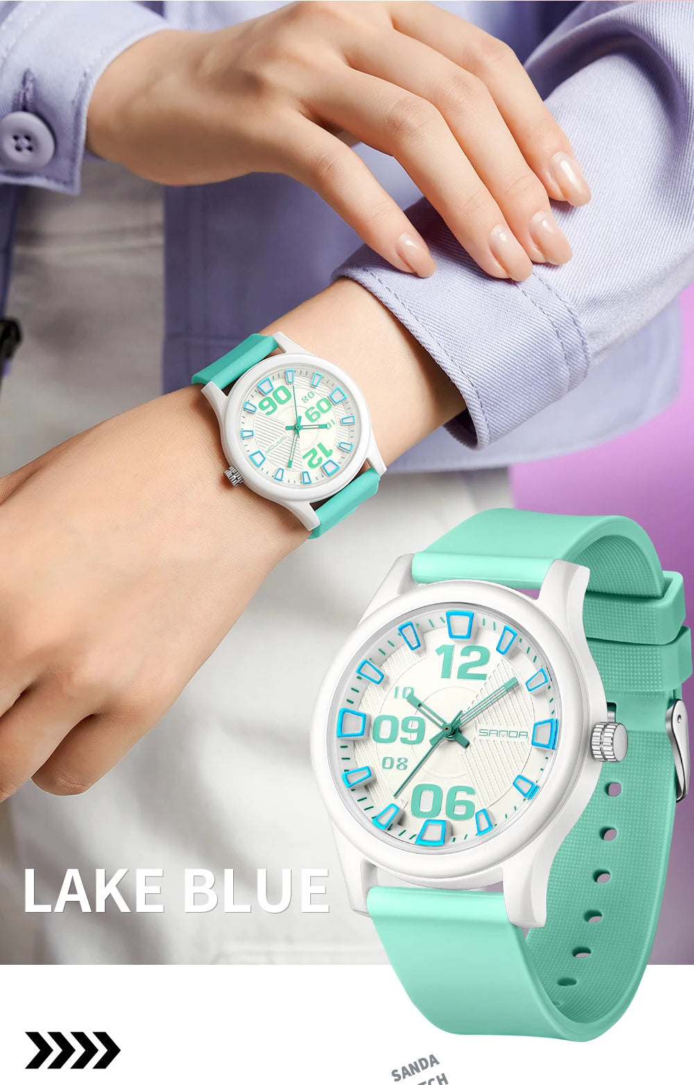 A close-up of a white and teal quartz fashion watch on a wrist, with a hand adjusting the watch.