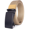 A tactical canvas utility belt with a tan woven strap and a black buckle.