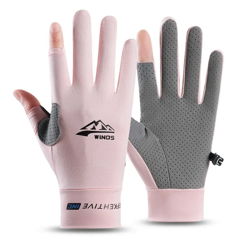 Gants de cheval en soie glacée rose et gris avec protection UV, vue de la paume