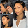 Close-up photos of a model showcasing a sleek black bob wig with straight hair and natural makeup.