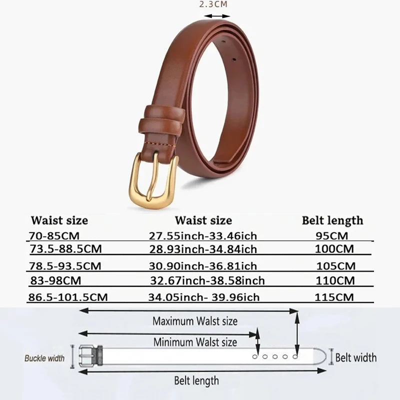 A brown leather belt with a brass buckle and various size options listed below.