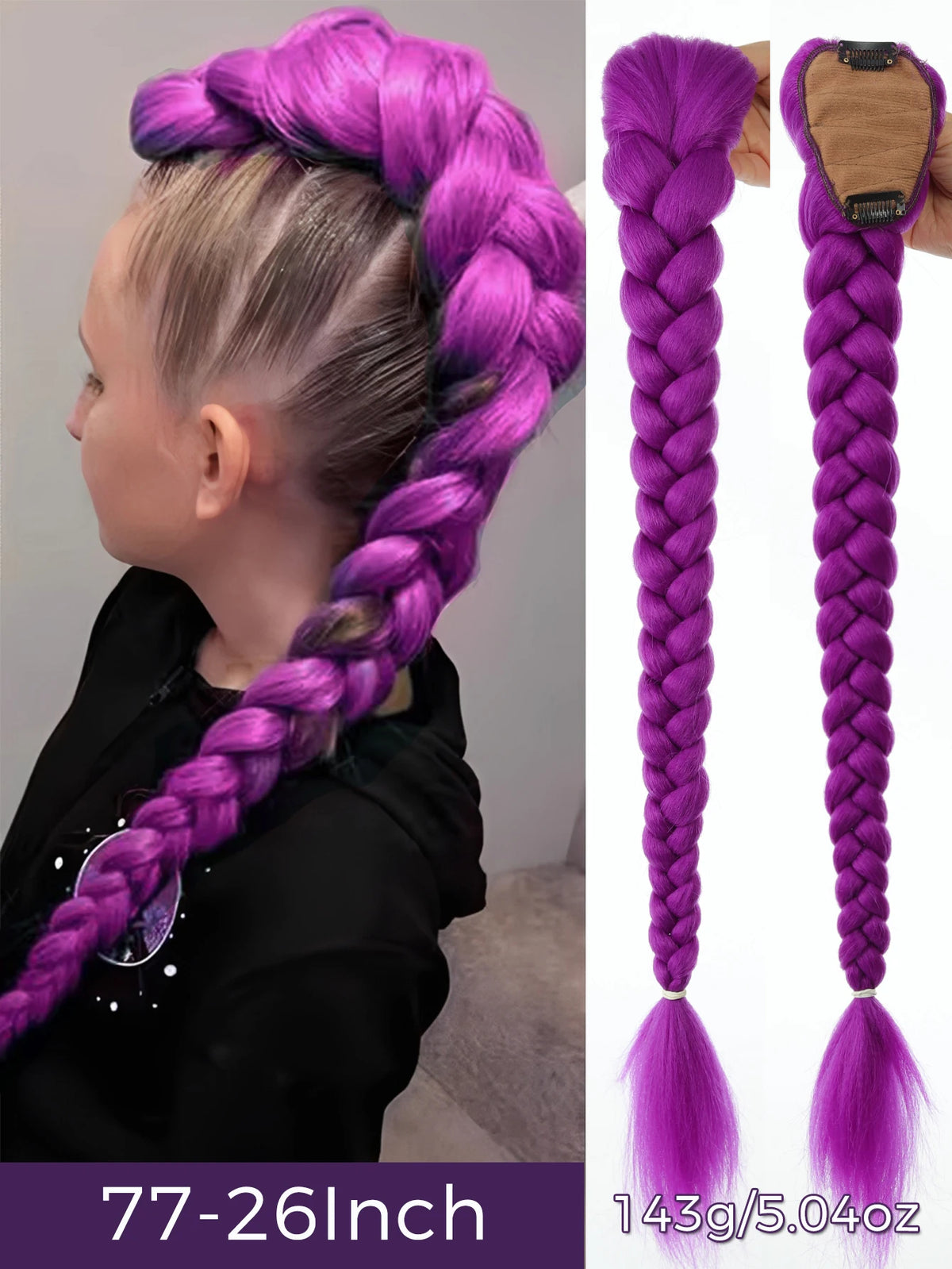 Purple braided hair ponytail with tinsel extensions shown on a person's head and a hanging display.