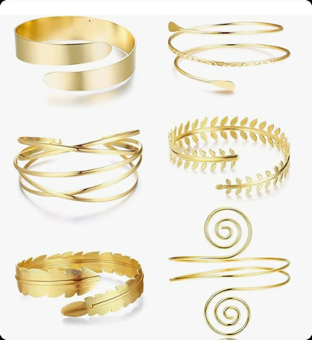 A set of six gold-plated swirl cuff armband bracelets displayed individually.