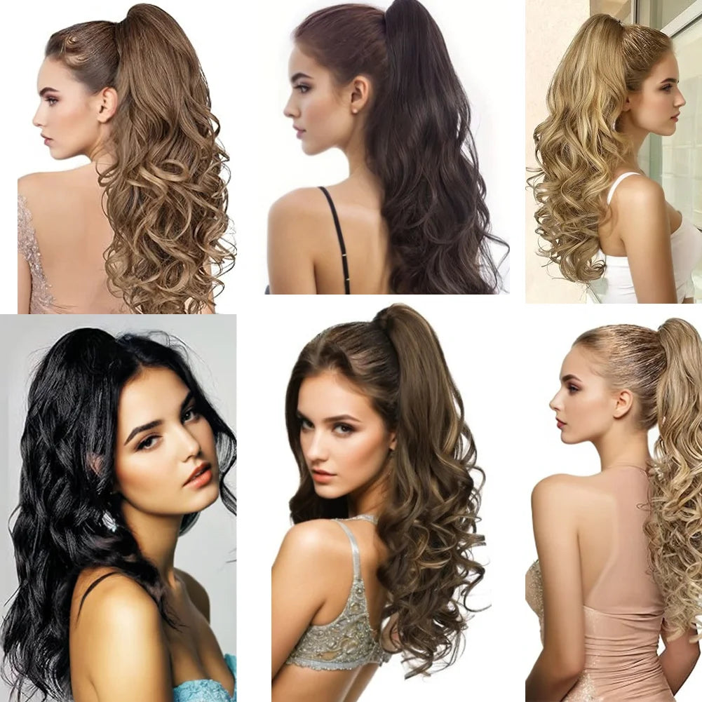 Colección de mujeres mostrando diferentes estilos y longitudes de cabello largo con coletas sujetadas con pinza