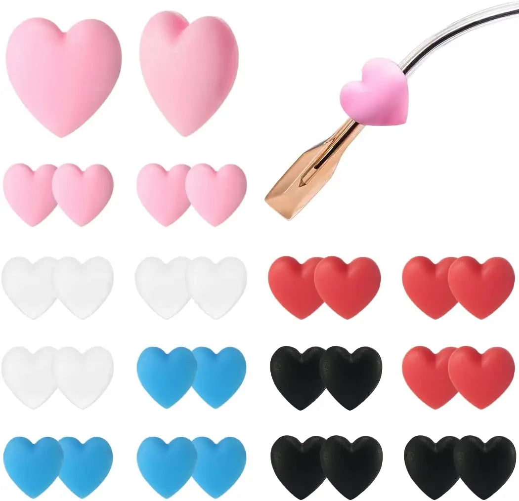 A collection of pink, white, red, blue, and black silicone ear hooks for eyeglasses.