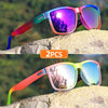Pair of gradient square frame polarized sunglasses resting on a rocky surface.