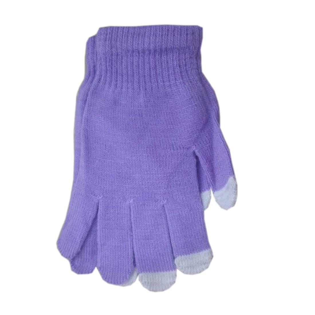A pair of purple knit touch screen gloves with light gray accents.