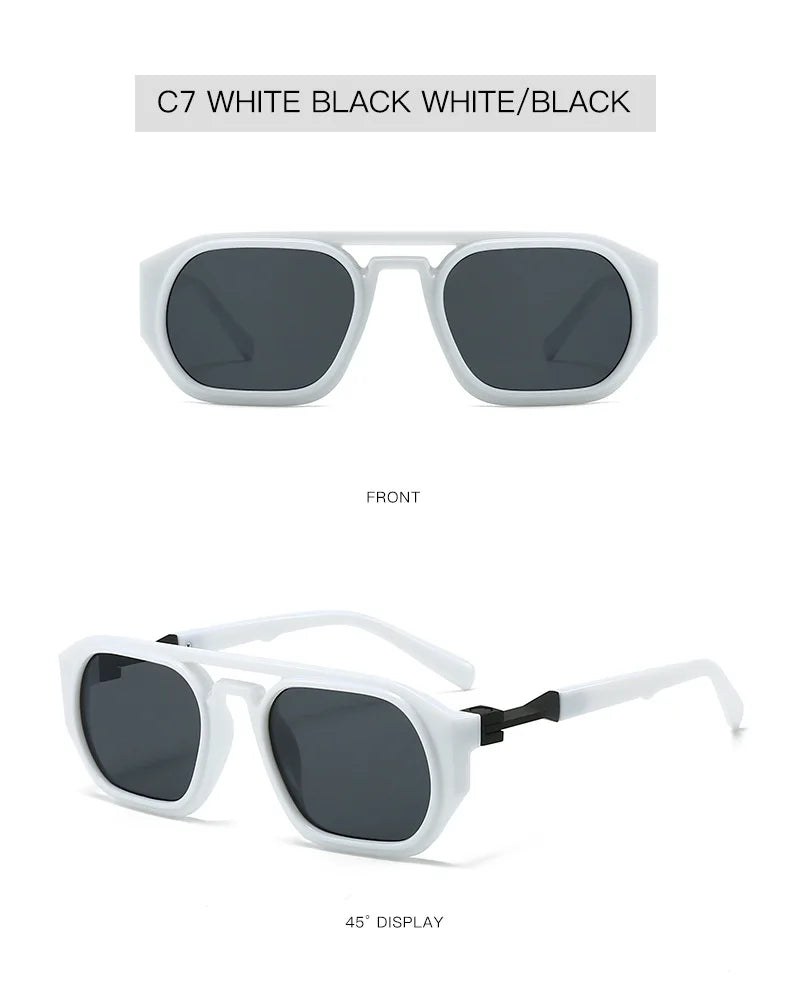 Un par de gafas cuadradas blancas y negras anti-luz azul para computadora, mostradas de frente y de lado.