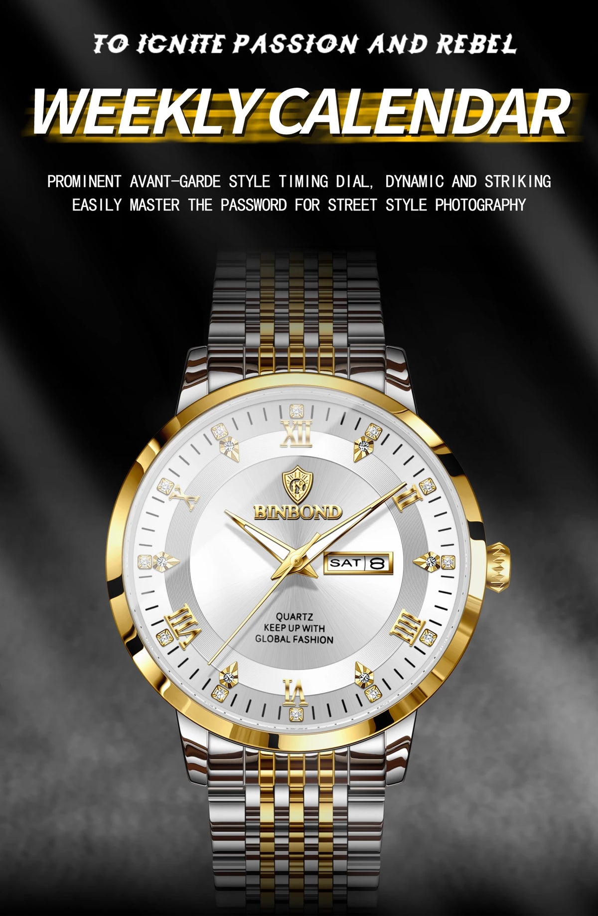 A close-up shot of a gold and silver watch with a black strap, featuring a prominent dial and crown.