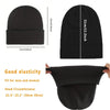 Black satin lined beanie hat shown in multiple views and with a hand for size reference