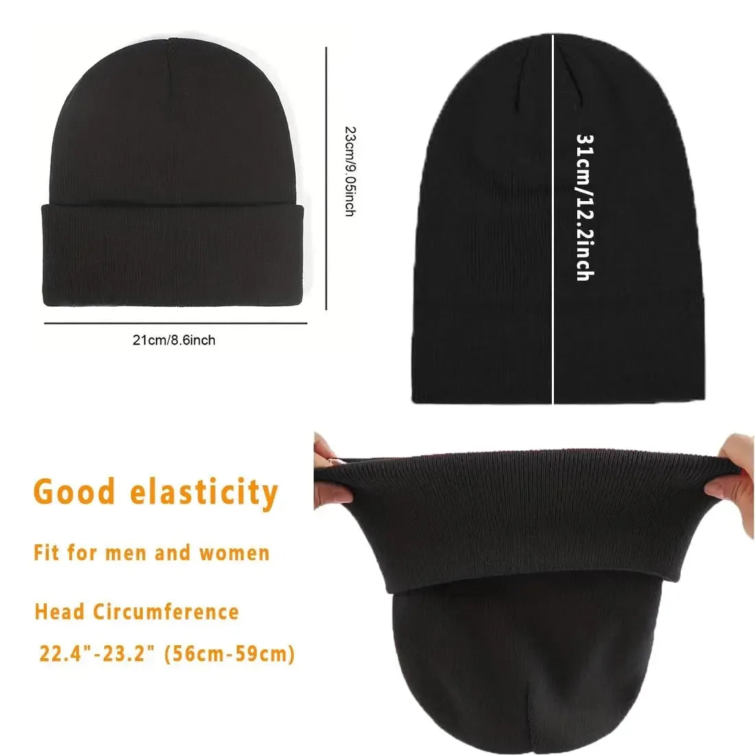 Black satin lined beanie hat shown in multiple views and with a hand for size reference