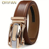 A brown genuine leather ratchet belt for men with a gold-toned buckle.