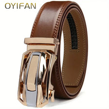 A brown genuine leather ratchet belt for men with a gold-toned buckle.