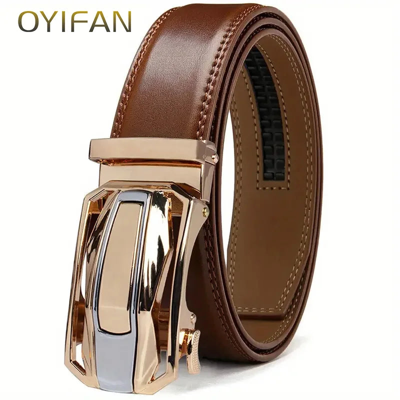 A brown genuine leather ratchet belt for men with a gold-toned buckle.