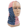 A realistic mannequin head wearing a patriotic bandana neck gaiter featuring the American flag design.