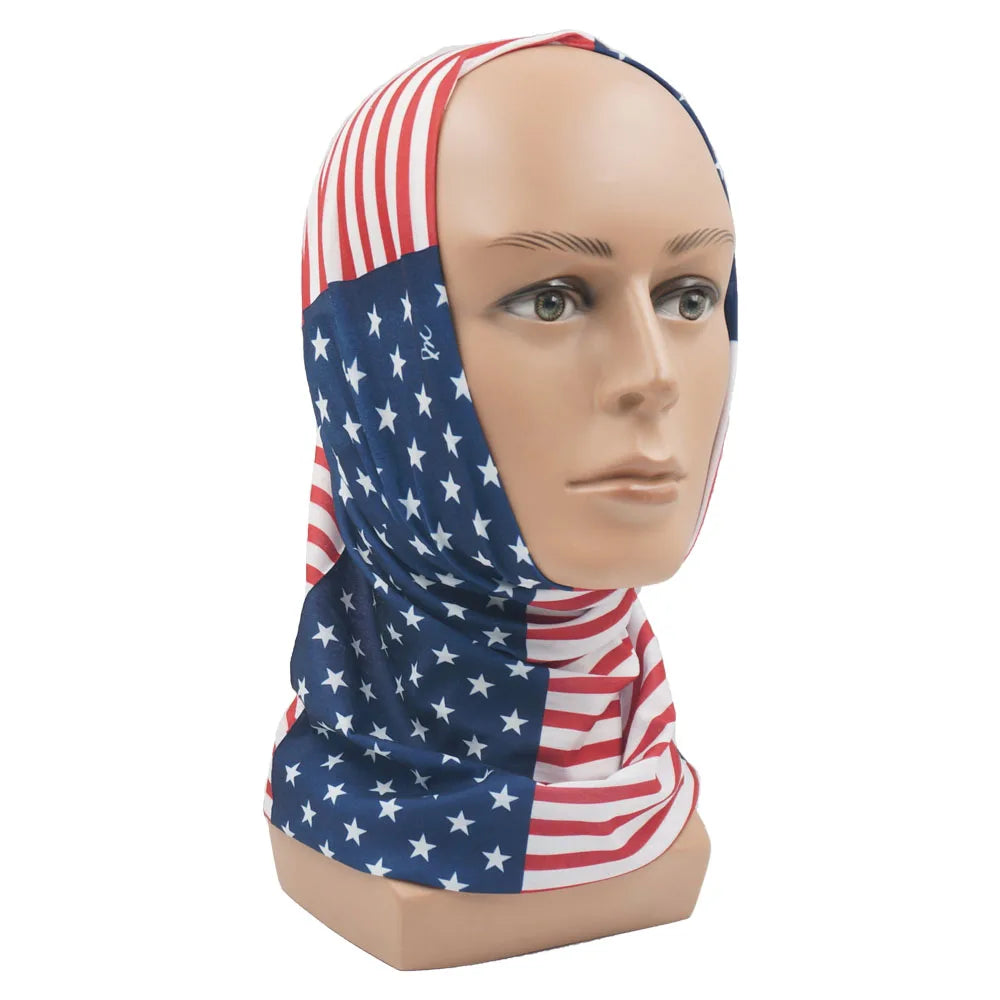 A realistic mannequin head wearing a patriotic bandana neck gaiter featuring the American flag design.